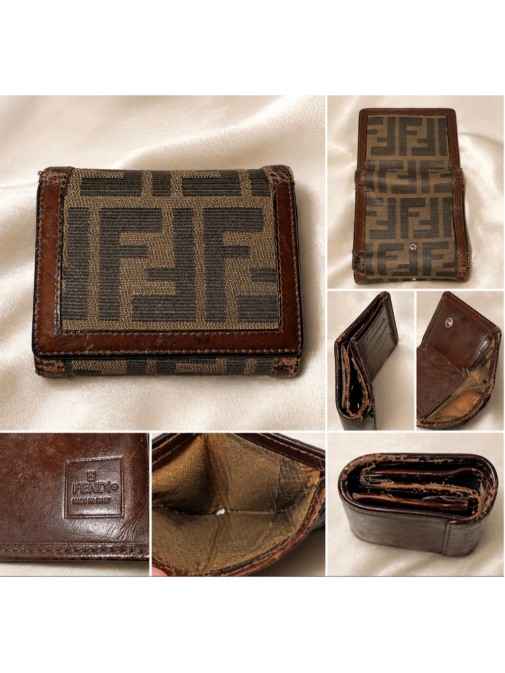 Fendi Zucca Wallet Brown Canvas Leather Snap Coin Compact